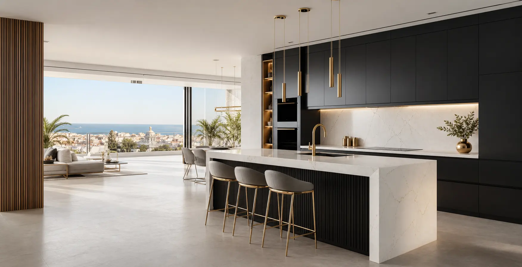 Interior renovado de cocina y salón con acabados premium